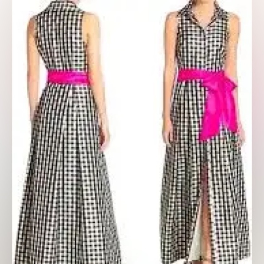 Eliza J checkered blacktaffeta  dress with bright pink bow sash